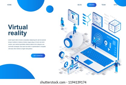 Modern isometric design concept of Virtual Augmented Reality for website and mobile website development. Isometric landing page template. People wearing headset with touching vr. Vector illustration.