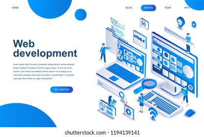 Modern isometric design concept of Web Development for website and mobile website development. Isometric landing page template. Developer coding software and programming web site. Vector illustration.