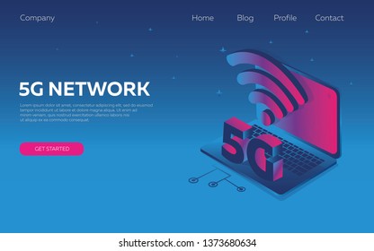 Modern isometric design concept, wireless network 5g, inspired by disco music of the 80s, 3d background, neon, business, network connection, wireless technologies, Internet. Landing page template.