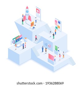 Modern isometric design illustration of Startup business project launch. Conceptual template with spaceship or space rocket and group of people preparing it for flight. Easy to edit and customize