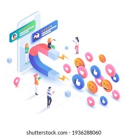 Modern isometric design illustration of Trend Building. Social media concept with characters. Followers follow social trend, people talking and share a chat, tag or post comment online. Vector