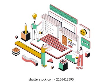 Modern isometric design illustration of Web Design. Teamwork concept. Can be used for website and mobile website or Landing page. Easy to edit and customize. Vector illustration