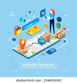 modern isometric design of women tracking delivery order or shipping using mobile application in smartphone. online shopping process from buying until shipping the product vector illustration.