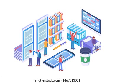 Modern Isometric Digital Library Illustration, Web Banners, Suitable for Diagrams, Infographics, Book Illustration, Game Asset, And Other Graphic Related Assets