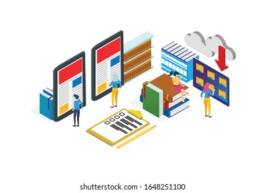 Modern Isometric Digital Library Illustration, Web Banners, Suitable for Diagrams, Infographics, Book Illustration, Game Asset, And Other Graphic Related Assets