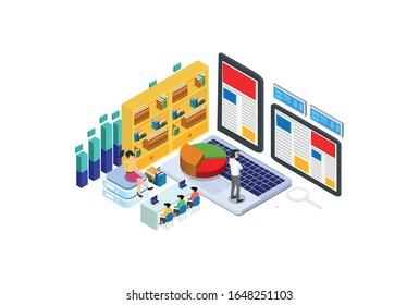 Modern Isometric Digital Library Illustration, Web Banners, Suitable for Diagrams, Infographics, Book Illustration, Game Asset, And Other Graphic Related Assets