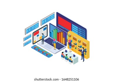 Modern Isometric Digital Library Illustration, Web Banners, Suitable for Diagrams, Infographics, Book Illustration, Game Asset, And Other Graphic Related Assets