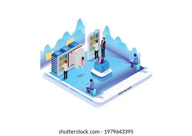 Modern Isometric Digital Library Illustration, Web Banners, Suitable For Diagrams, Infographics, Book Illustration, Game Asset, And Other Graphic Related Assets