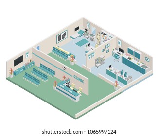Modern Isometric Doctor Clinic Scene Interior Design, Suitable For Game Asset, Infographic, Web Banner, Print Design, Diagram, and Other Related Occasion.
