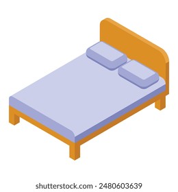 Modern isometric double bed illustration with colorful vector graphic for interior design. Featuring a minimalist and stylish bedroom with purple and yellow bedding. Wooden bedframe. Pillows