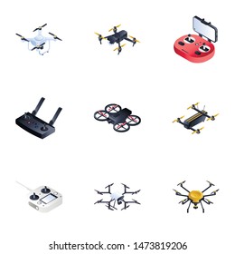 Modern isometric drone icon set. Illustration set of 9 modern isometric drone vector icons for web design isolated on white background