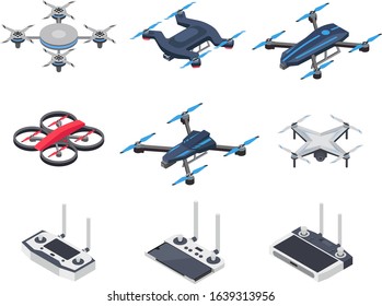 Modern isometric drone icon set. delivery drone with propellers, camera and computer controller.