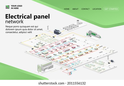 Modern Isometric Eco Friendly electrical panel network in a town, Suitable for landing page, home page, flyers, diagrams, Infographics, Illustration, And Other Graphic Related Assets. Isometric vector