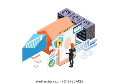 Modernes Isometrisches E-Mail-Datenbankschutz-Sicherheitssystem. Hardwareschutz-Infografik. Sicherer Server speichern. Geeignet für Diagramme, Spiel-Asset und andere Asset