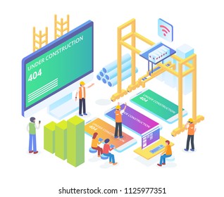 Modern Isometric Error 404 Under Construction Page Illustration in White Isolated Background With People and Digital Related Asset