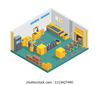 Modern Isometric Factory Manufacture Interior With Conveyor Belt Machine, Suitable for Diagrams, Infographics, Illustration, And Other Graphic Related Assets
