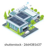 Modern isometric factory powered by green hydrogen energy with rooftop solar panels hydrogen storage tanks and eco friendly logistics surrounded by trees and clean infrastructure