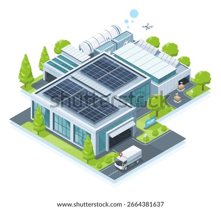 Modern isometric factory powered by green hydrogen energy with rooftop solar panels hydrogen storage tanks and eco friendly logistics surrounded by trees and clean infrastructure