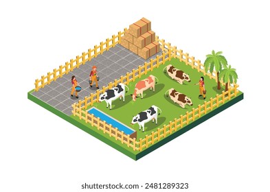 Modern Isometric Farm Management and livestock management Illustration in White Isolated Background With People and Related Digital Assets