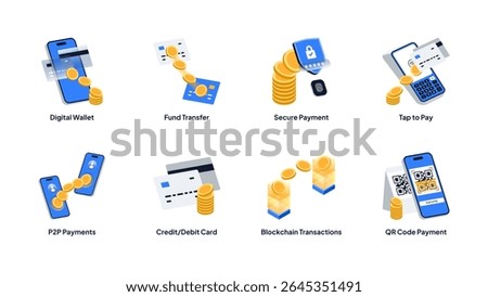 Modern Isometric Fintech Icon Set. Digital Wallet, Secure Payment, P2P Transfer, QR Code, Blockchain, Card and Tap to Pay. Editable Vector for App, Web, and UI Design.