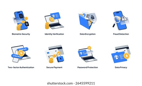 Modern Isometric Fintech Icons Set. Biometric Security, Encryption, 2FA, Fraud Detection, Secure Payment, Data Privacy. Editable Vector for App, Web, and UI Design.