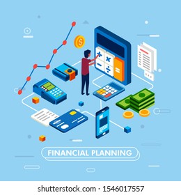 modern isometric flat design of money saving and financial planning, standing man working with calculator, financial icon like money, card, graphic, card machine, smartphone around.