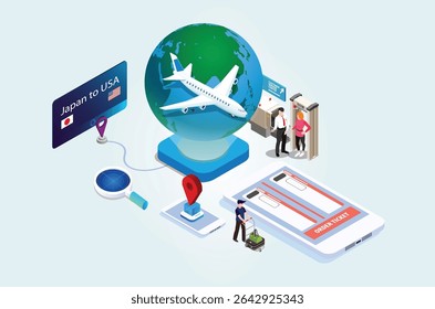 Modern Isometric flight around the world Mobile App Illustration, Web Banners, Suitable for Diagrams, Infographics, Book Illustration, Game Asset, And Other Graphic Related Assets