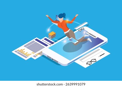 Modern Isometric Futuristic education technology page for smartphone application. Isometric banner for online education. Student woman on top of phone. Digital college or school. E-learning
