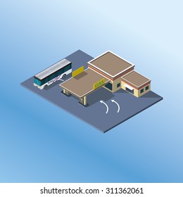 Modern isometric GAS Petrol Service Station and tour bus. Gas station icon.