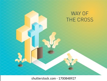 Modern isometric giant Cross. Way of the Cross. Vector illustration