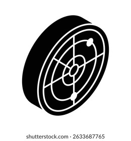 A modern isometric glyph icon of parabolic dish antenna