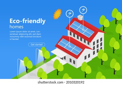 Modern Isometric Green Eco Friendly House With Solar Panel, Suitable for landing page, home page, flyers, diagrams, Infographics, Illustration, And Other Graphic Related Assets. vector isometric style