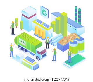 Modern Isometric Green Organic Waste Recycle Technology Illustration in White Isolated Background With People and Digital Related Asset