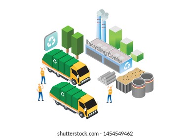 Modern Isometric Green Organic Waste Recycle Technology Illustration in White Isolated Background With People and Digital Related Asset