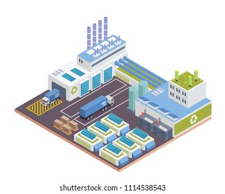 Modern Isometric Green Recycle Factory Building With Solar Panel Energy, Suitable for Diagrams, Infographics, Illustration, And Other Graphic Related Assets