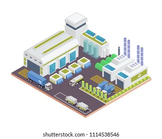 Modern Isometric Green Recycle Factory Building With Solar Panel Energy, Suitable For Diagrams, Infographics, Illustration, And Other Graphic Related Assets