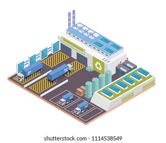 Modern Isometric Green Recycle Factory Building With Solar Panel Energy, Suitable For Diagrams, Infographics, Illustration, And Other Graphic Related Assets