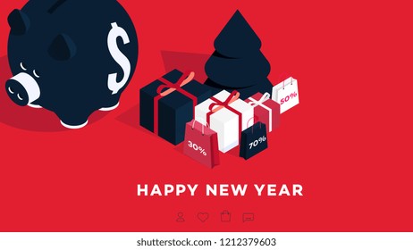 Modern Isometric Happy New Year Background. Vector Template For 2019 Gift Cards, Promotional Web Pages, Sale Billboards.
