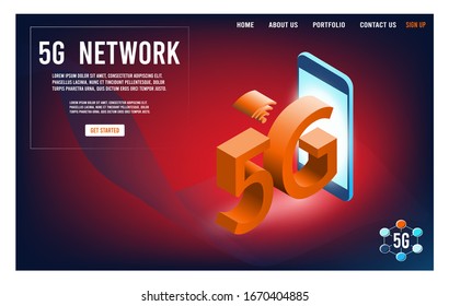 Moderno concepto isométrico de alta tecnología 5g con smartphone para sitio web y sitio web móvil. 
 Fácil de editar y personalizar. Ilustración del vector