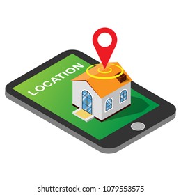 Modern isometric home with mobile navigation illustration.