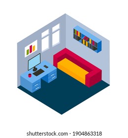 Modern isometric home office interior. Computer, smartphone, coffee in the cup, desk, long armchair, business growth diagram, window, bookshelf inside the room. 3d flat vector illustration