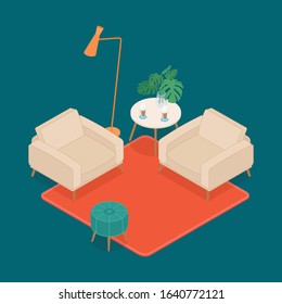 Modern isometric hotel lobby in emerald green and red. Vector illustration in flat design, isolated.