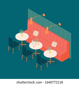 Modern isometric hotel restaurant in emerald green and red. Vector illustration in flat design, isolated.