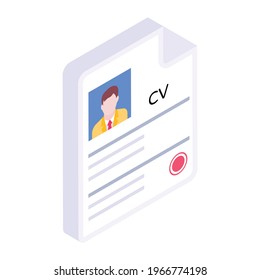 Modern isometric icon of resume, summary of academic history 