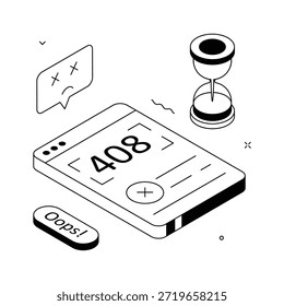 Ilustración isométrica moderna de error de Web de tiempo de espera de solicitud 408 con emoji triste y reloj de arena.