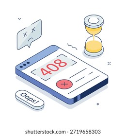 Ilustración isométrica moderna de error de Web de tiempo de espera de solicitud 408 con emoji triste y reloj de arena.