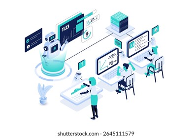 Ilustração isométrica moderna da aprendizagem com IA. Cena inclui tutor holográfico, alunos com tablets e painéis de aprendizagem inteligente personalizados. Ideal para conceitos de educação e tecnologia. Vetor
