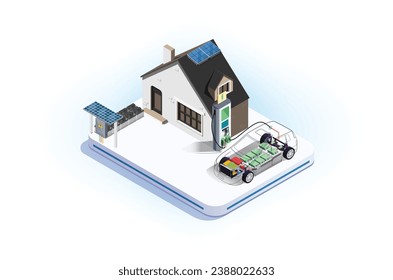 Modern Isometric illustration of charging an electric car battery at home using solar panels, Suitable for Diagrams, Infographics And Other Graphic Related Assets