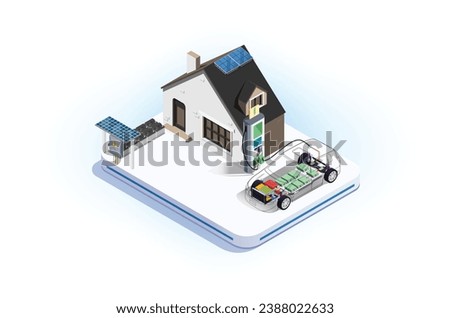 Modern Isometric illustration of charging an electric car battery at home using solar panels, Suitable for Diagrams, Infographics And Other Graphic Related Assets