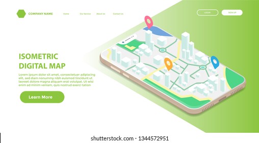 Modern isometric illustration concept of mobile digital map for website and mobile website, landing page vector template